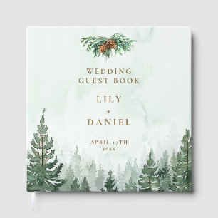 Rustic Watercolor Pine Forest Photo Wedding Guest Book