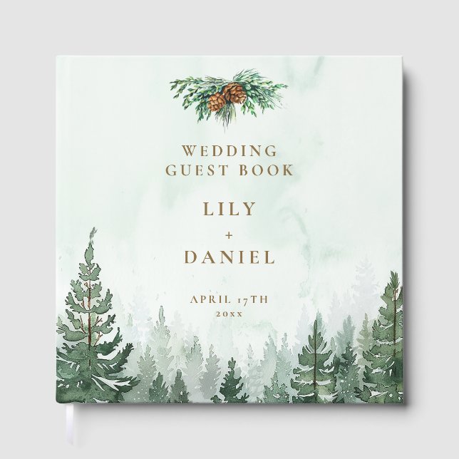 Rustic Watercolor Pine Forest Photo Wedding Guest Book (Front)