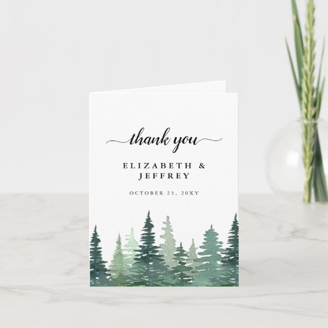 Rustic Watercolor Pine Forest Thank You Card (Front)