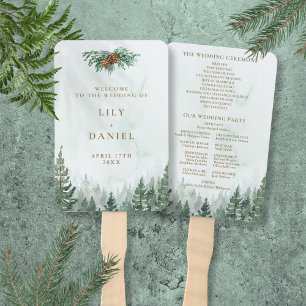Rustic Watercolor Pine Forest Wedding Program Hand Fan