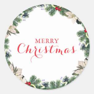 Rustic Watercolor Pine  Merry Christmas Classic Round Sticker