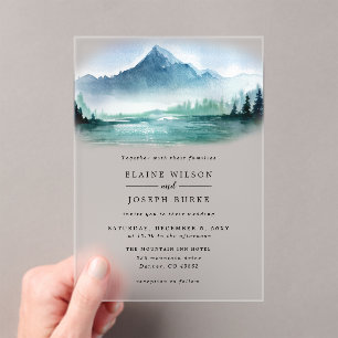 Rustic Watercolor Pine Mountains Lake Wedding Acrylic Invitations