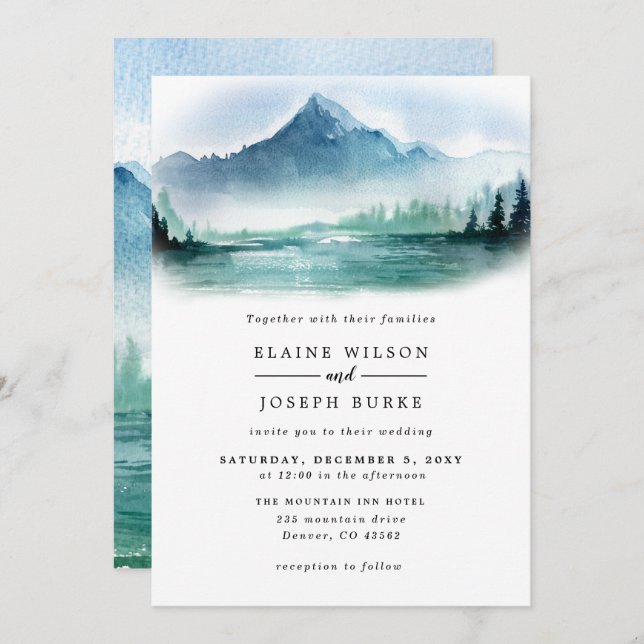 Rustic Watercolor Pine Mountains Lake Wedding Invitation (Front/Back)