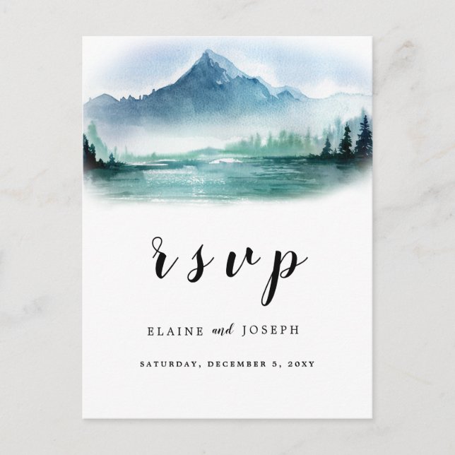 Rustic Watercolor Pine Mountains Lake Wedding Rsvp Invitation Postcard (Front)