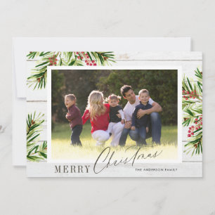 Rustic Watercolor Pine Photo Gold Merry Christmas Holiday Card