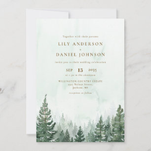 Rustic Watercolor Pine Tree Forest QR Code Wedding Invitation