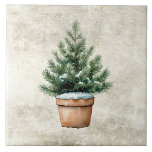 Rustic Watercolor Pine Tree in Pot  Tile