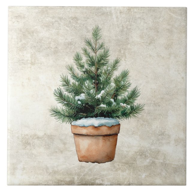 Rustic Watercolor Pine Tree in Pot  Tile (Front)