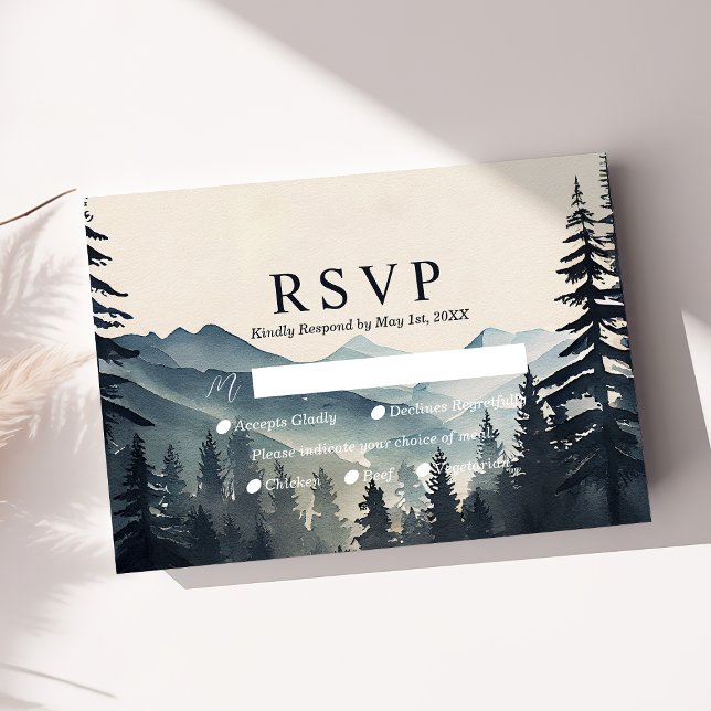 Rustic Watercolor Pine Tree Mountain Wedding RSVP (Creator Uploaded)
