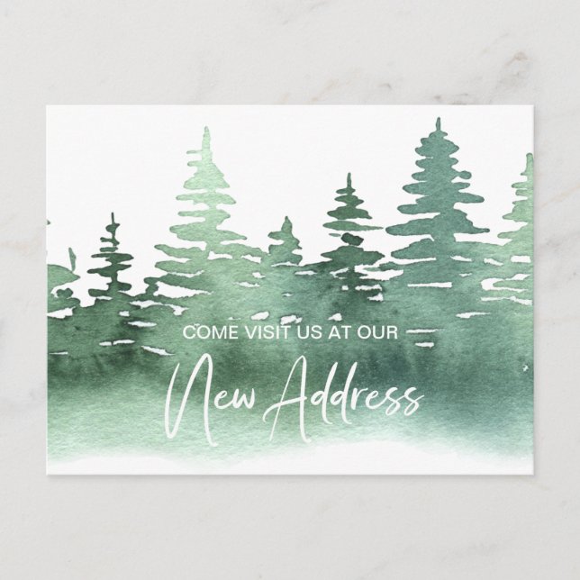 Rustic Watercolor Pine Trees Change Address Postcard (Front)