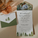 Rustic Watercolor Pine Trees Forest Photo Wedding All In One Invitation<br><div class="desc">Amaze your guests with this forest theme wedding invite featuring beautiful pine trees on a white background with detachable RSVP postcard. Simply add your event details on this easy-to-use template and adorn this card with your favourite photo to make it a one-of-a-kind invitation.</div>