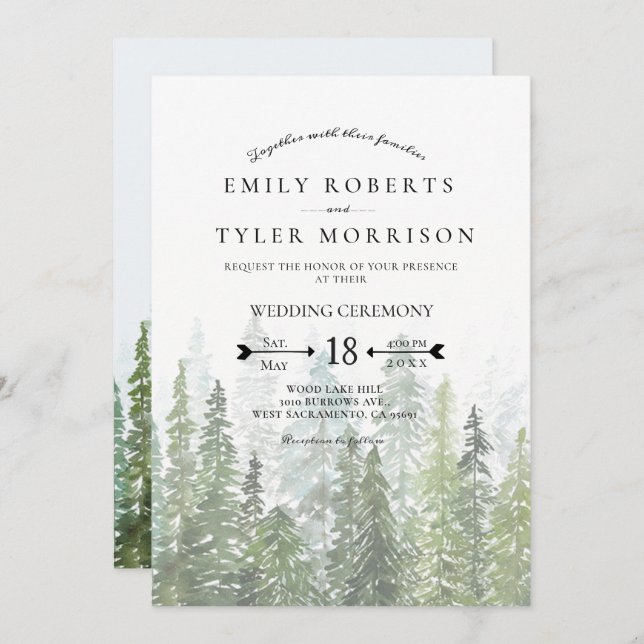 Rustic Watercolor Pine Trees Forest Wedding Invitation (Front/Back)