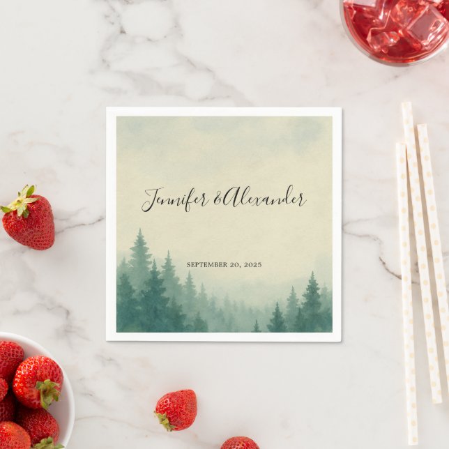 Rustic watercolor pine trees forest wedding napkin (Insitu)