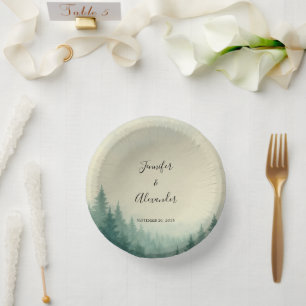 Rustic watercolor pine trees forest wedding paper paper plate