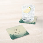 Rustic watercolor pine trees forest wedding square paper coaster<br><div class="desc">Rustic watercolor pine trees forest wedding paper coaster.
You can add your own names and add the wedding date.</div>