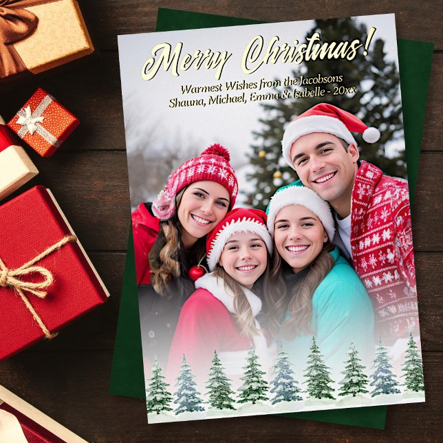 Rustic Watercolor Pine Trees Photo Christmas (In Situ with Gifts)