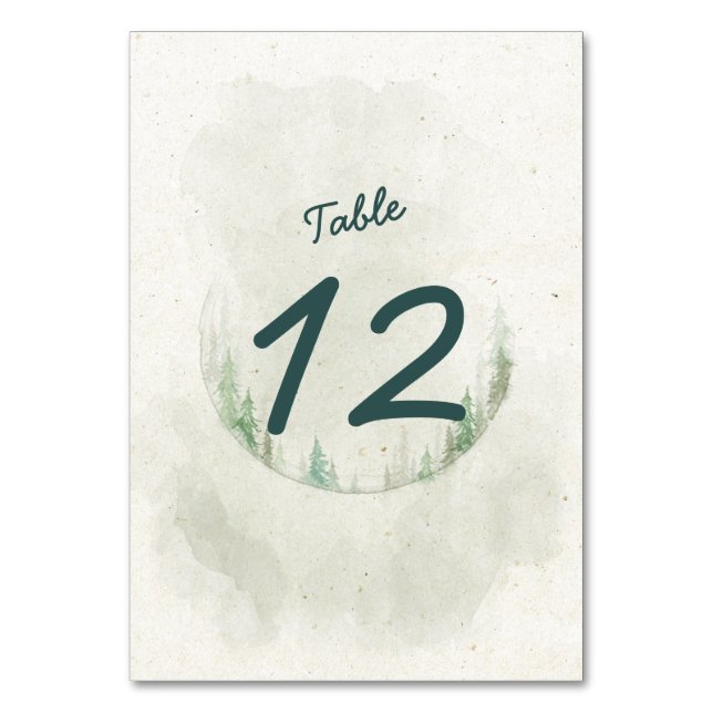 Rustic Watercolor Pine Trees Table Number (Front)
