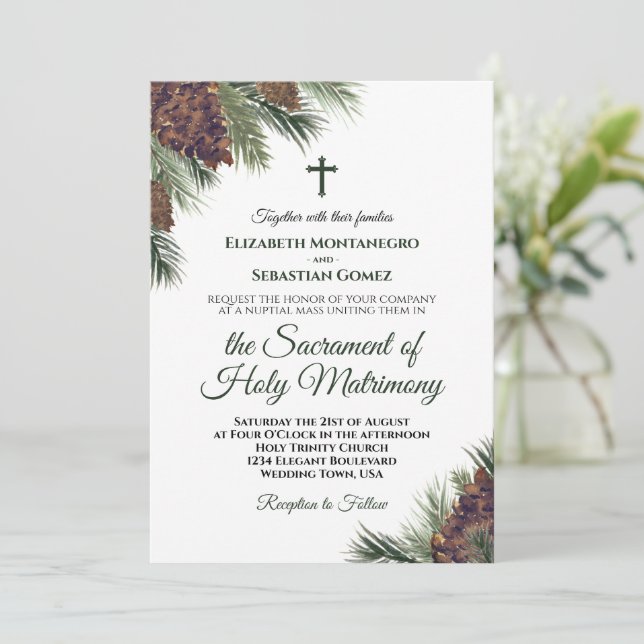Rustic Watercolor Pinecones Catholic Wedding Invitation (Standing Front)
