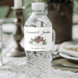 Rustic Watercolor Pinecones & Pine Boughs Wedding Water Bottle Label