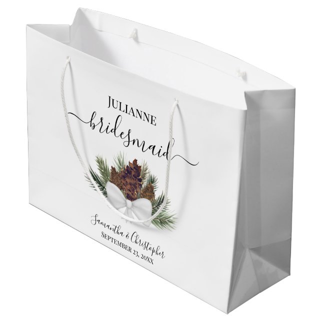 Rustic Watercolor Pinecones Wedding Bridesmaid Large Gift Bag (Back Angled)