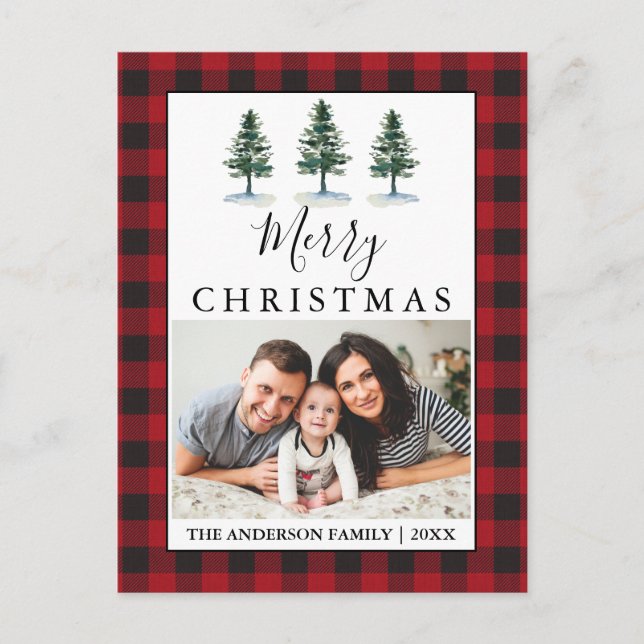 Rustic Watercolor Pines Red Plaid Photo Postcard (Front)