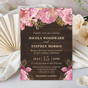 Rustic Watercolor Pink and Gold Flowers Wedding Invitation