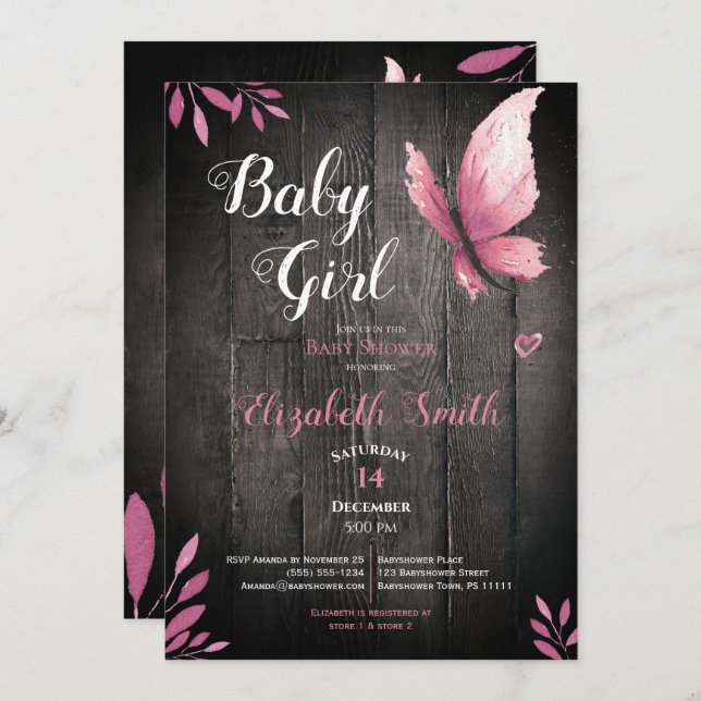 Rustic watercolor pink butterfly girl babyshower invitation (Front/Back)