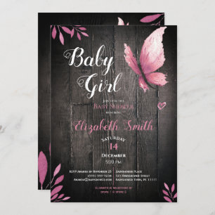 Rustic watercolor pink butterfly girl babyshower invitation