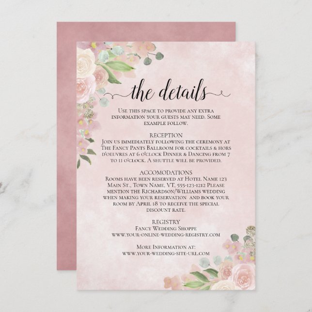 Rustic Watercolor Pink Floral Wedding Details Enclosure Card (Front/Back)