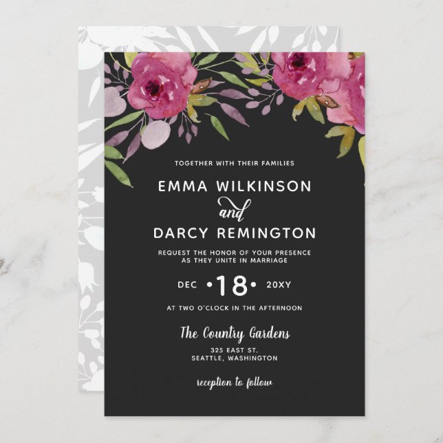 Rustic Watercolor Pink Floral Wedding Invitation (Front/Back)