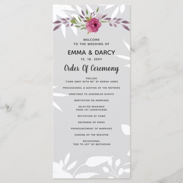 Rustic Watercolor Pink Floral Wedding Programme (Front)