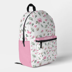 Rustic Watercolor Pink Flowers Personalised Name Printed Backpack