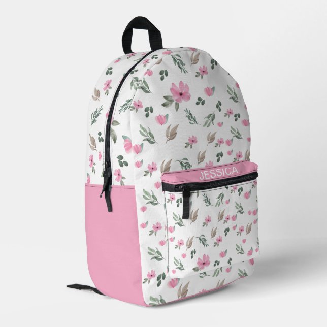 Rustic Watercolor Pink Flowers Personalised Name Printed Backpack (Back Corner Left)