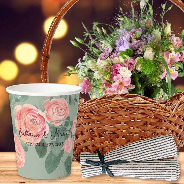 Rustic Watercolor Pink Roses Green Paper Plates Paper Cups (Creator Uploaded)