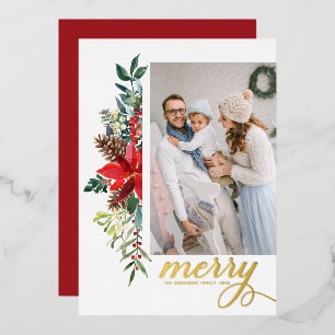 Rustic Watercolor Poinsettia Merry Christmas Photo