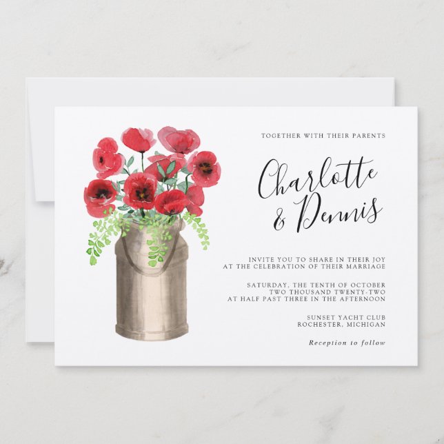 Rustic watercolor poppies kraft horizontal wedding invitation (Front)