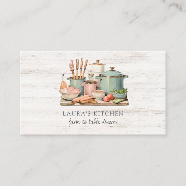 Rustic Watercolor Pots Pans Food Kitchenware Wood  Business Card (Front)