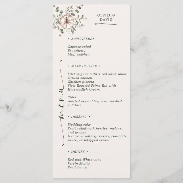 Rustic Watercolor Pumpkin Eucalyptus Fall Wedding Menu (Front)