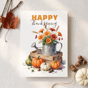 Rustic Watercolor Pumpkin Fall Floral Thanksgiving Card