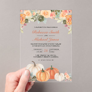 Rustic Watercolor Pumpkin Floral Fall Wedding Acrylic Invitations