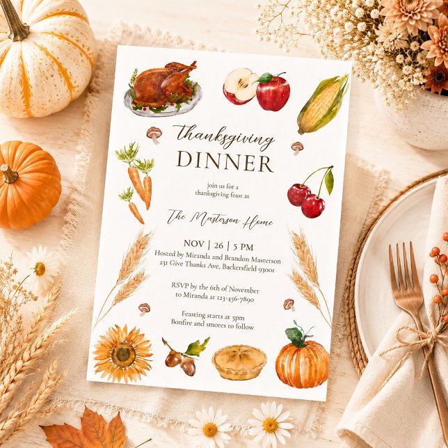Rustic Watercolor Pumpkin Pie Turkey Thanksgiving Invitation (Creator Uploaded)