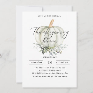 Rustic Watercolor Pumpkin Thanksgiving Dinner Invitation