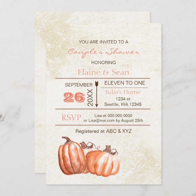 Rustic watercolor pumpkins Fall Bridal Shower Invitation (Front/Back)