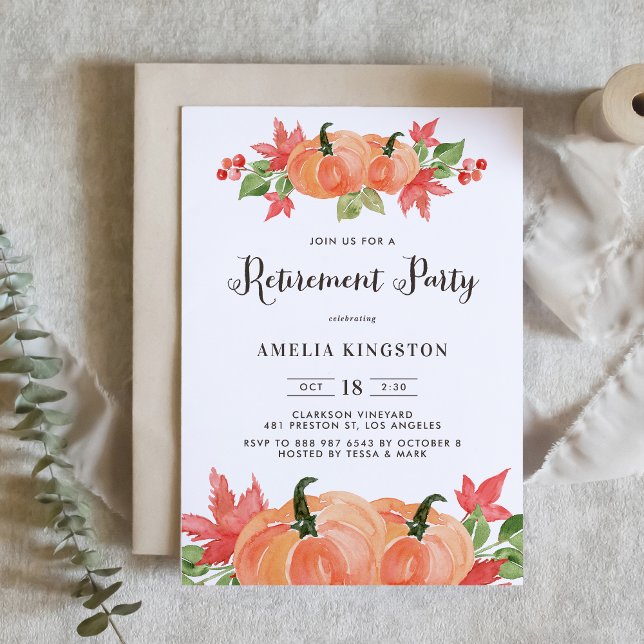 Rustic Watercolor Pumpkins Fall Retirement Party Invitation (Creator Uploaded)
