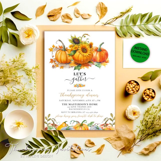 Rustic Watercolor Pumpkins Thanksgiving Dinner Invitation (Creator Uploaded)