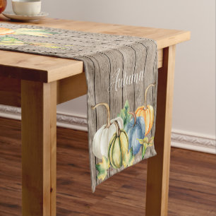 Rustic Watercolor Pumpkins Wood Grain Autumn Table Short Table Runner