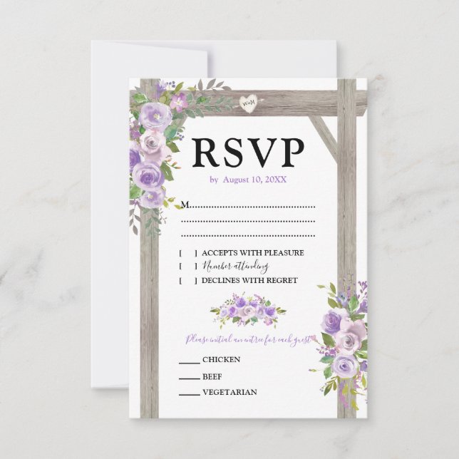 Rustic Watercolor Purple Floral Wedding RSVP Card (Front)