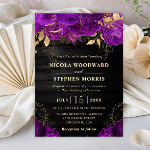 Rustic Watercolor Purple & Gold Flowers Wedding Invitation