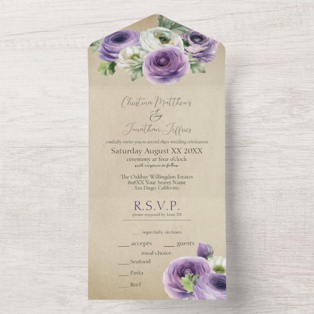 Rustic Watercolor Purple & White Ranunculus All In One Invitation (Inside)
