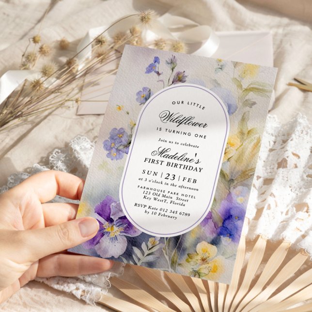 Rustic Watercolor Purple & Yellow 1st Birthday Invitation (Creator Uploaded)